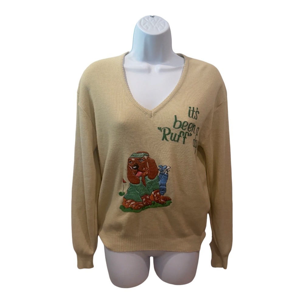 Vintage Lady LaMode Tan Golf Dog V-Neck Sweater Its Been A Ruff Day Large